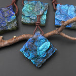 AAA Hand Carved Natural Labradorite Butterfly Diamond Square Pendant Side Drilled Gemstone Focal Bead