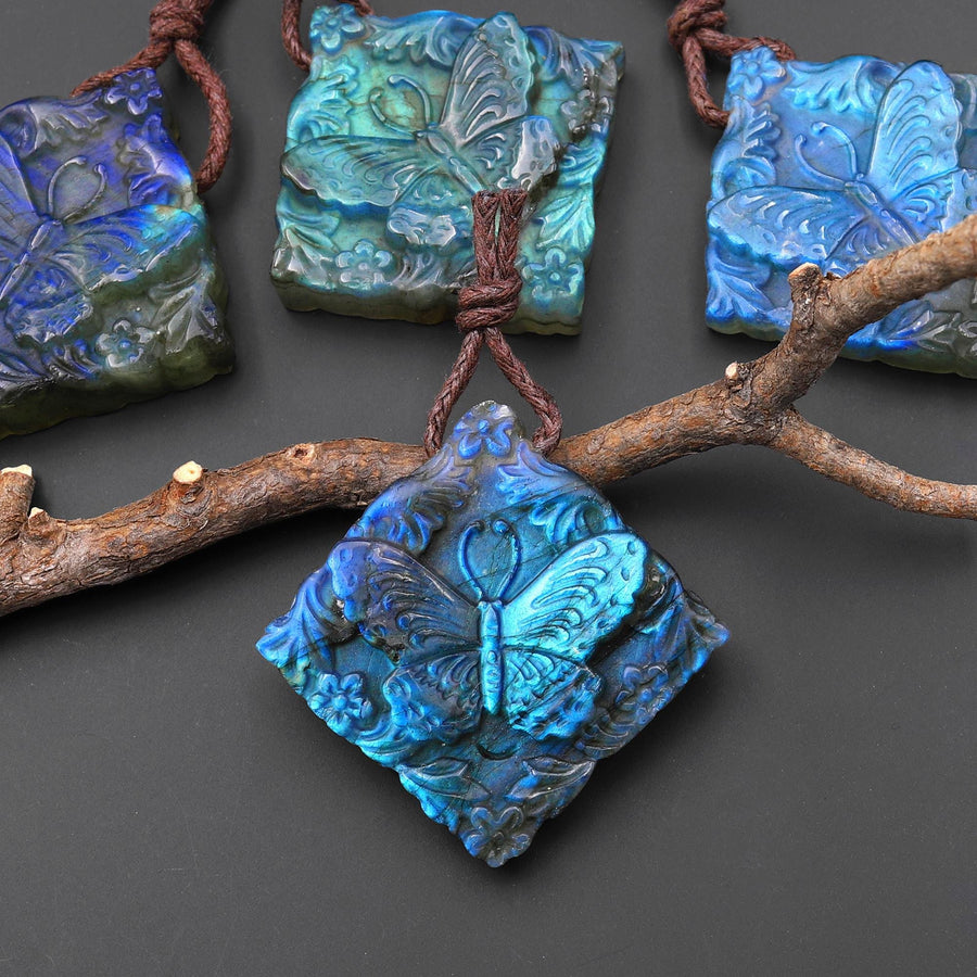 AAA Hand Carved Natural Labradorite Butterfly Diamond Square Pendant Side Drilled Gemstone Focal Bead