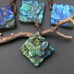 AAA Hand Carved Natural Labradorite Butterfly Diamond Square Pendant Side Drilled Gemstone Focal Bead