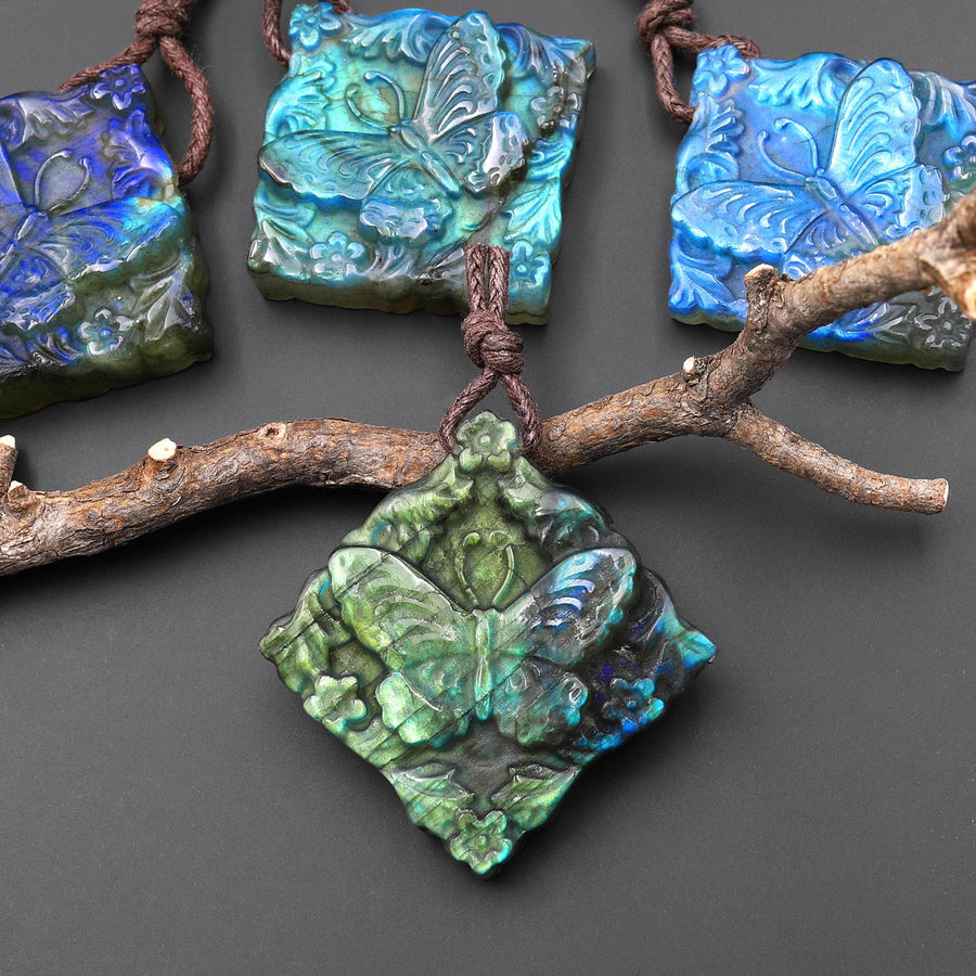 AAA Hand Carved Natural Labradorite Butterfly Diamond Square Pendant Side Drilled Gemstone Focal Bead