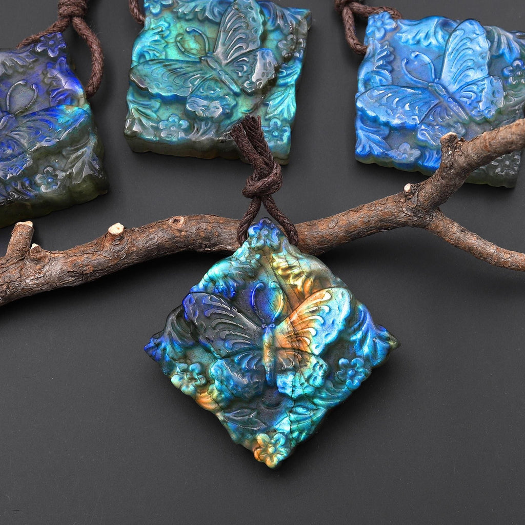 AAA Hand Carved Natural Labradorite Butterfly Diamond Square Pendant Side Drilled Gemstone Focal Bead