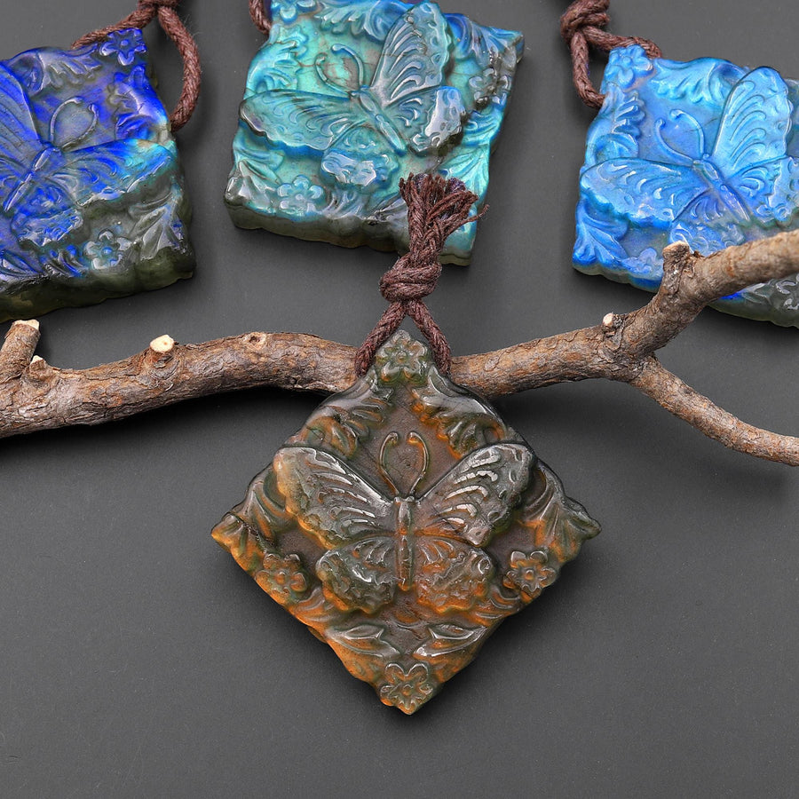 AAA Hand Carved Natural Labradorite Butterfly Diamond Square Pendant Side Drilled Gemstone Focal Bead