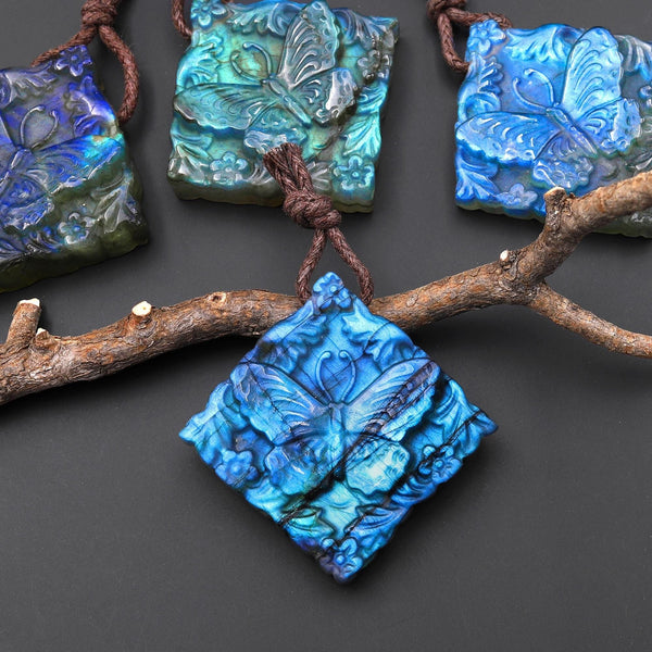 AAA Hand Carved Natural Labradorite Butterfly Diamond Square Pendant Side Drilled Gemstone Focal Bead A2