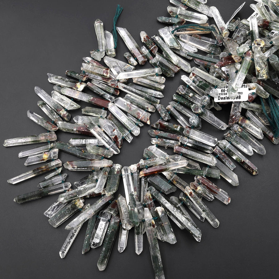 Natural Green Reddish Brown Lodalite Phantom Quartz Crystal Beads Top Side Drilled Gemstone Point 15.5" Strand