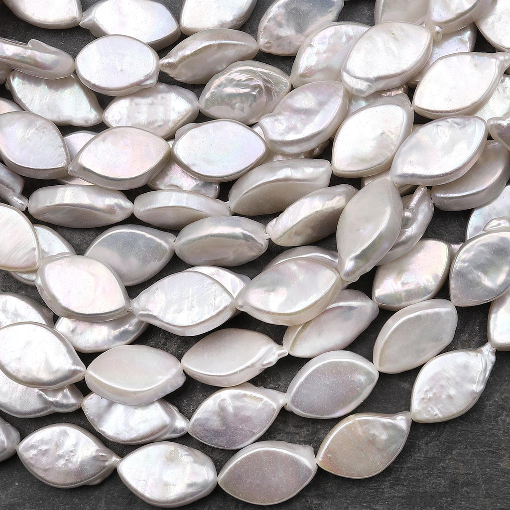 Real Genuine Natural White Freshwater Flat Marquise Leaf Pearl 16" Strand