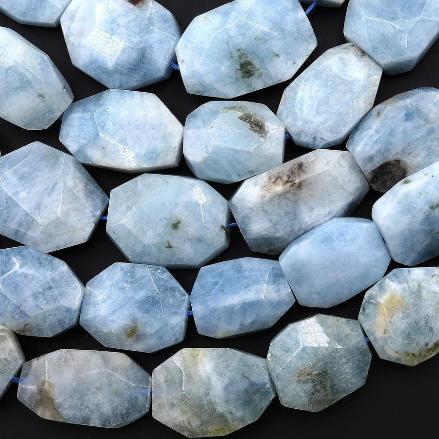 Faceted Natural Aquamarine Octagon Flat Beads Hand Cut Gemstone 16.5" Strand