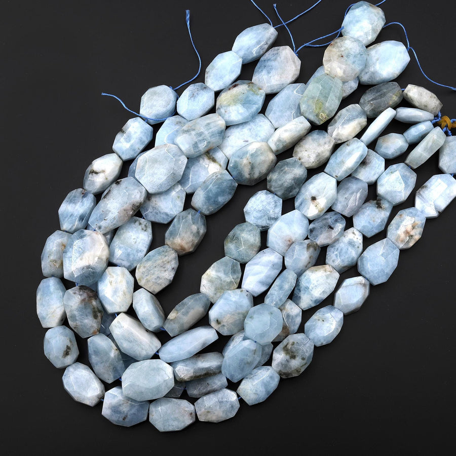 Faceted Natural Aquamarine Octagon Flat Beads Hand Cut Gemstone 16.5" Strand