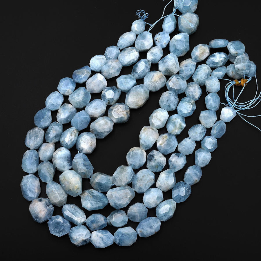 Faceted Natural Blue Aquamarine Octagon Flat 14mm 18mm Beads Hand Cut Gemstone 16" Strand