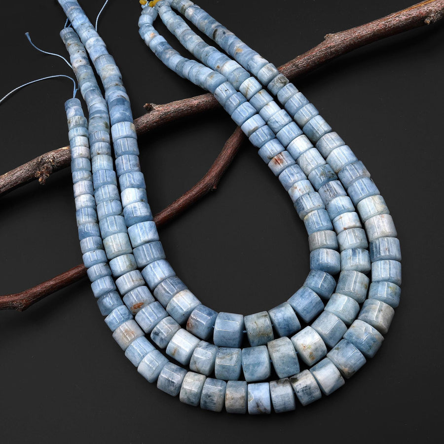 Graduated Natural Blue Aquamarine Smooth Rondelle Heishi 6mm 12mm Beads Hand Cut Gemstone 17" Strand