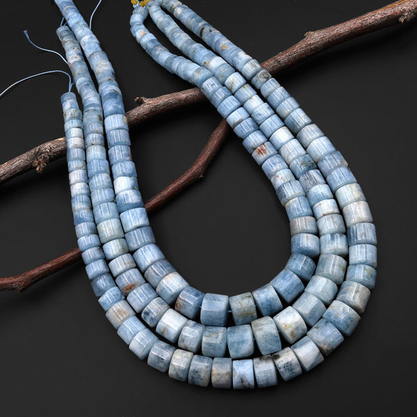 Graduated Natural Blue Aquamarine Smooth Rondelle Heishi 6mm 12mm Beads Hand Cut Gemstone 17" Strand