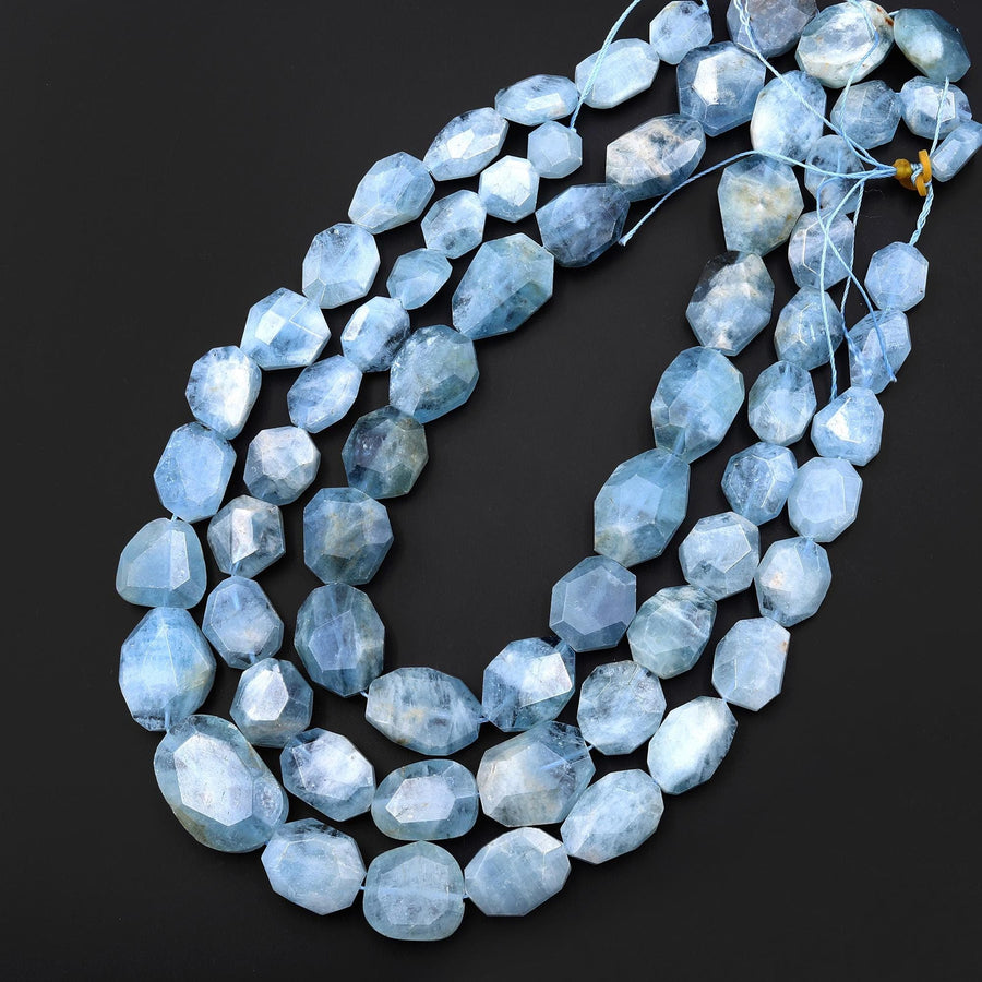 Faceted Graduated Translucent Natural Blue Aquamarine Octagon Flat 13mm 23mm Beads Gemstone 16" Strand