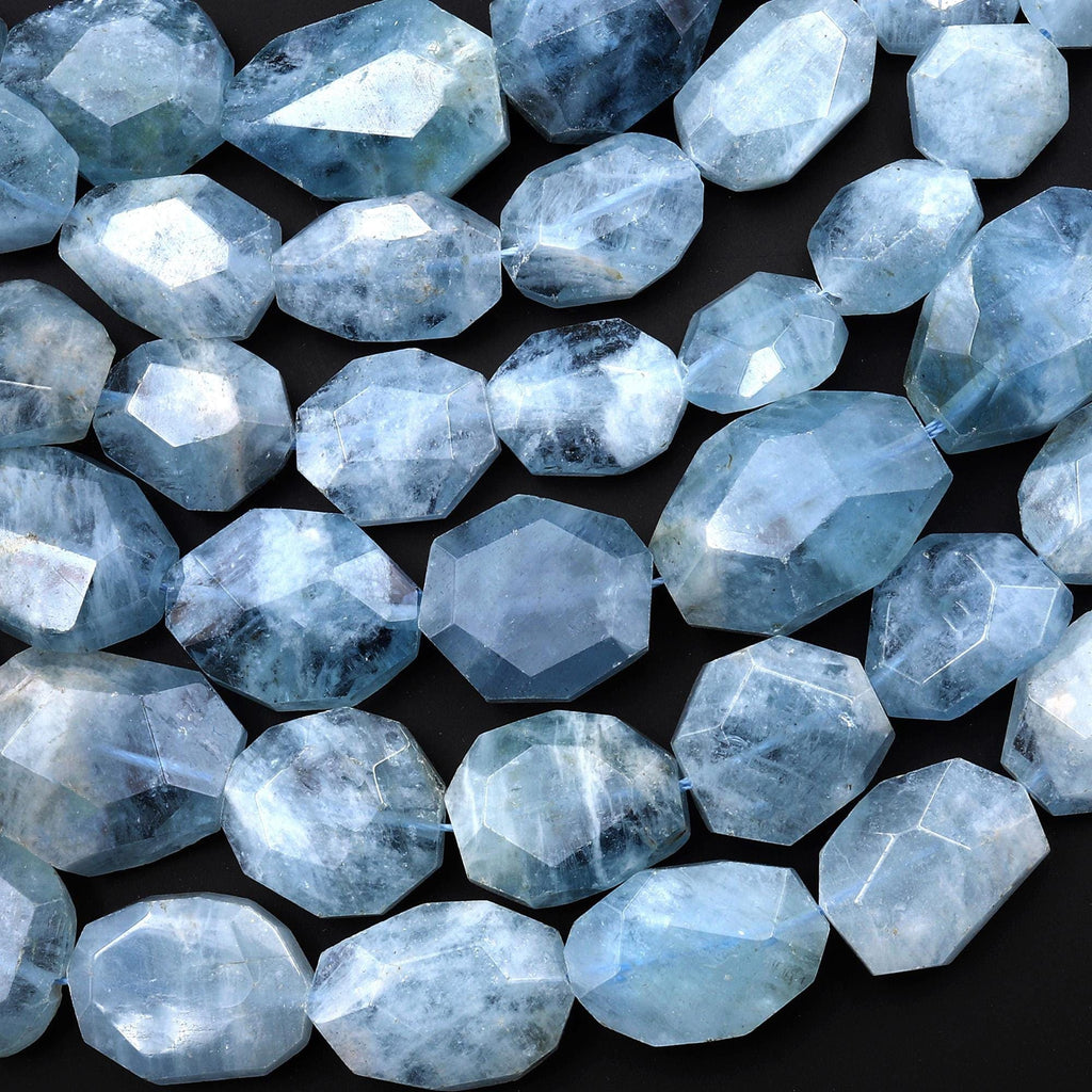 Faceted Graduated Translucent Natural Blue Aquamarine Octagon Flat 13mm 23mm Beads Gemstone 16" Strand