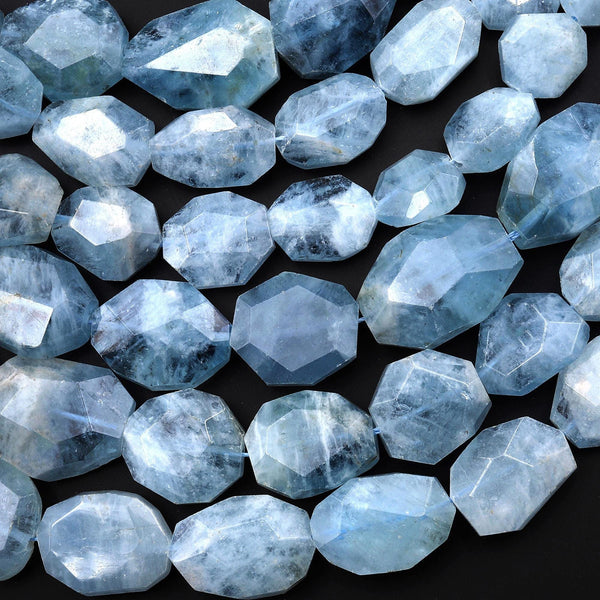 Faceted Graduated Translucent Natural Blue Aquamarine Octagon Flat 13mm 23mm Beads Gemstone 16" Strand