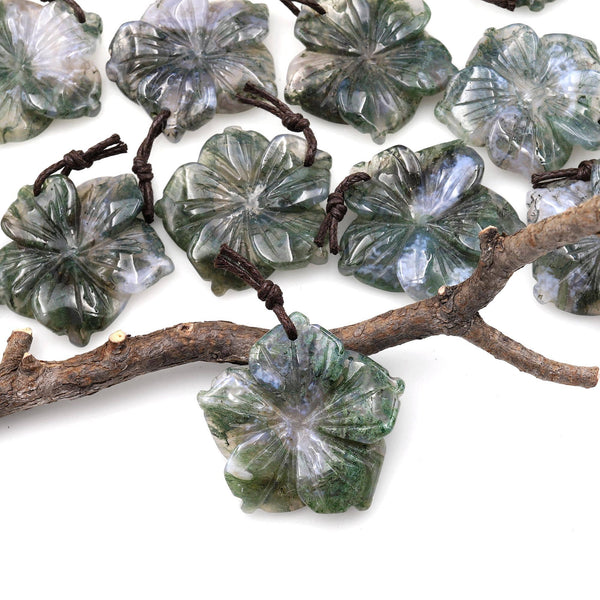 Hand Carved Natural Green Moss Agate Gemstone Flower Pendant A1