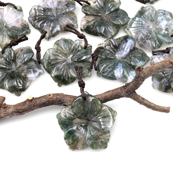 Hand Carved Natural Green Moss Agate Gemstone Flower Pendant A3