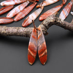 Natural Moroccan Red Lace Agate Long Slender Teardrop Earring Drilled Matched Gemstone Cabochon Bead Pair