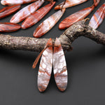 Natural Moroccan Red Lace Agate Long Slender Teardrop Earring Drilled Matched Gemstone Cabochon Bead Pair