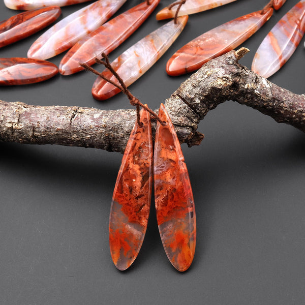 Natural Moroccan Red Lace Agate Long Slender Teardrop Earring Drilled Matched Gemstone Cabochon Bead Pair A5