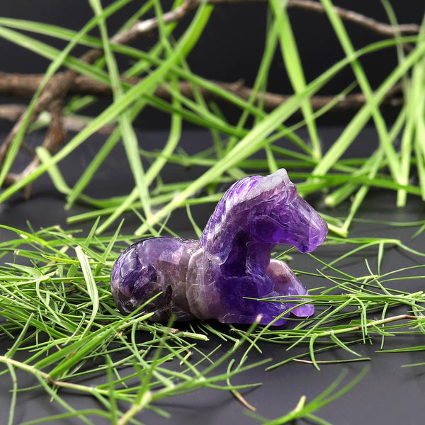 Hand-Carved Natural Purple Amethyst Horse Figurine Crystal Miniature A2