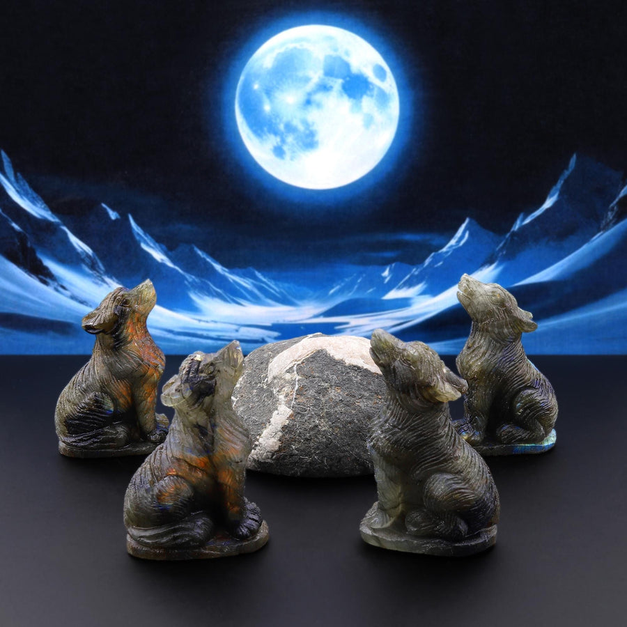 Hand-Carved Natural Labradorite Wolf Howling Full Moon Figurine Crystal Miniature