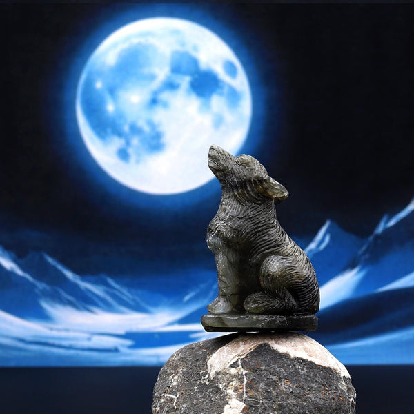 Hand-Carved Natural Labradorite Wolf Howling Full Moon Figurine Crystal Miniature