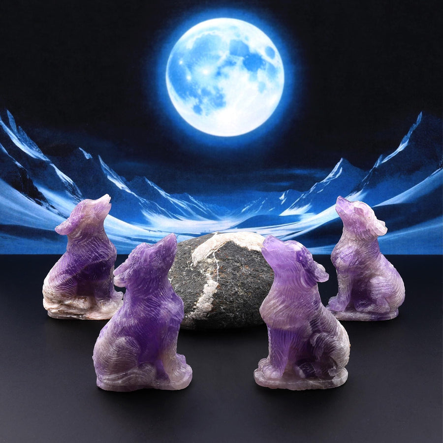 Hand-Carved Natural Purple Amethyst Wolf Howling Full Moon Figurine Crystal Miniature