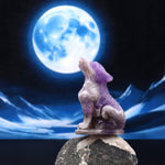 Hand-Carved Natural Purple Amethyst Wolf Howling Full Moon Figurine Crystal Miniature
