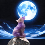 Hand-Carved Natural Purple Amethyst Wolf Howling Full Moon Figurine Crystal Miniature