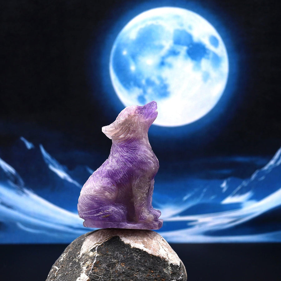 Hand-Carved Natural Purple Amethyst Wolf Howling Full Moon Figurine Crystal Miniature