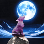 Hand-Carved Natural Purple Amethyst Wolf Howling Full Moon Figurine Crystal Miniature