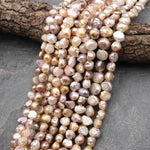 Rare Genuine Freshwater Peach Pink Golden Mauve Druzy Rosebud Pearl 10mm 12mm Center Drilled Button 15.5" Strand