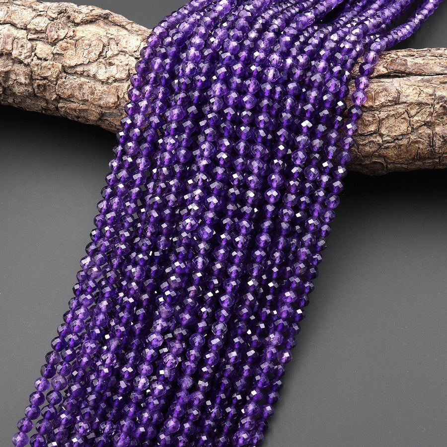 AAA Faceted Natural Purple Amethyst 4mm Round Beads Gemstone 15.5" Strand