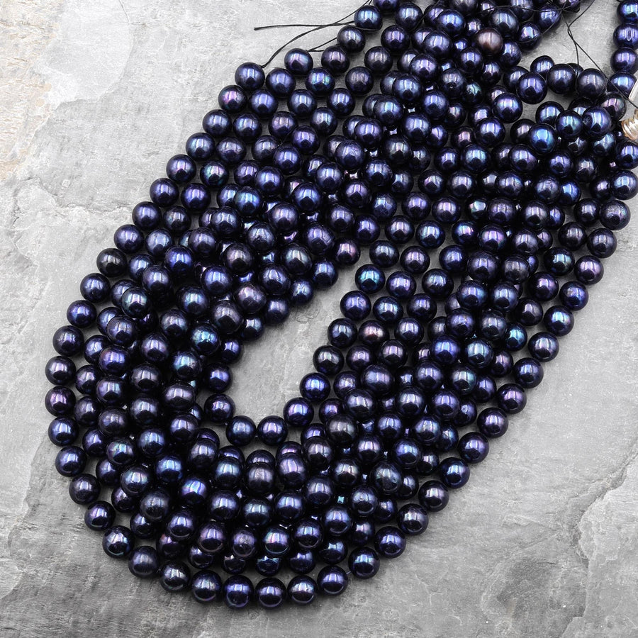 Genuine Black Midnight Blue Freshwater Pearl 10mm Round Iridescent Classic Pearl 15.5" Strand