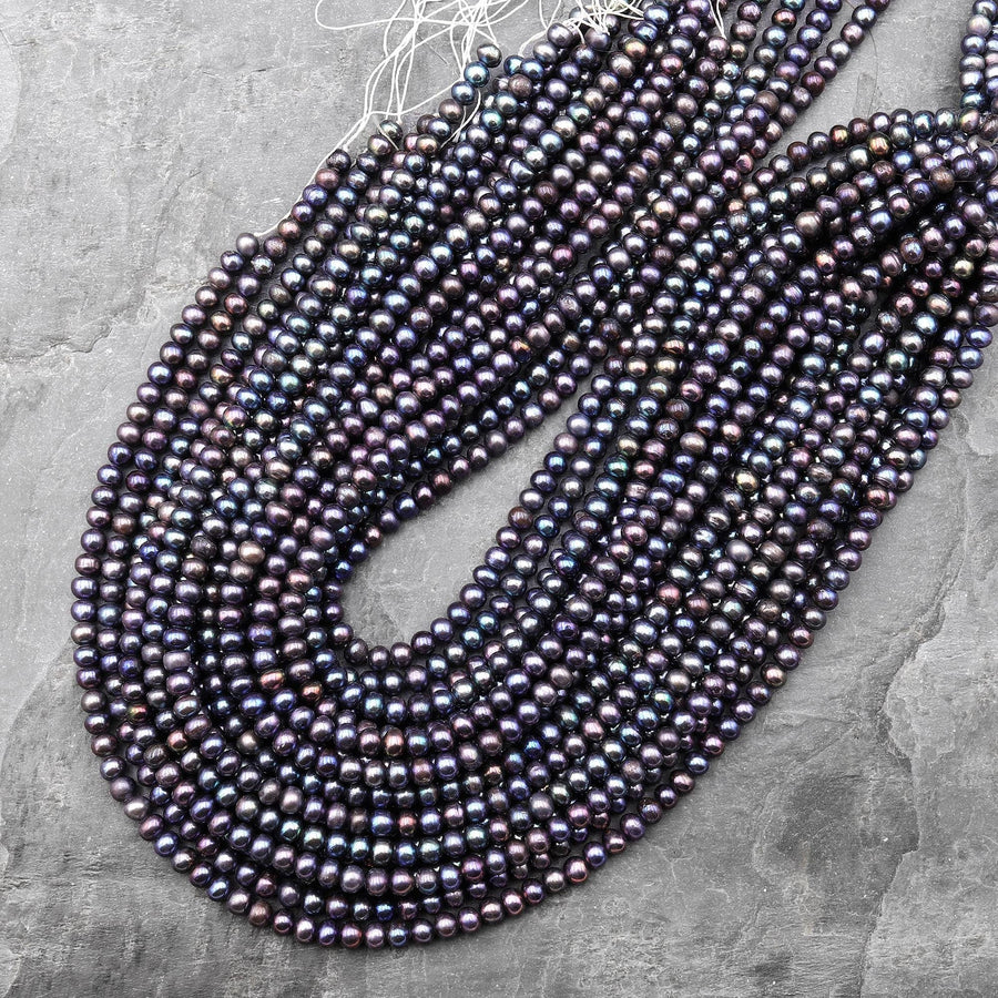 Peacock Off Round Rondelle Pearls 5mm 6mm Brilliant Dark Blue Green Purple Iridescence Real Genuine Freshwater Pearl 15.5" Strand