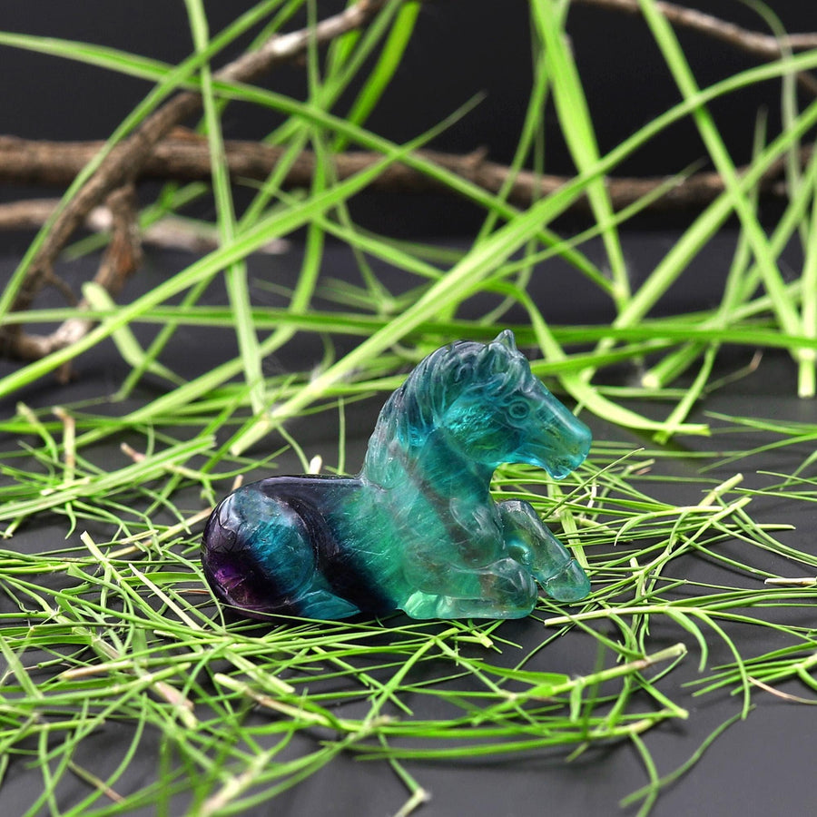 Hand-Carved Natural Fluorite Horse Figurine Crystal Miniature A1