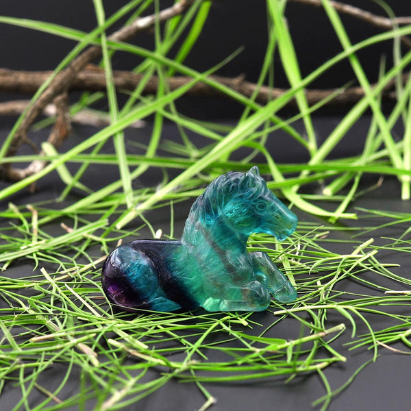 Hand-Carved Natural Fluorite Horse Figurine Crystal Miniature A1