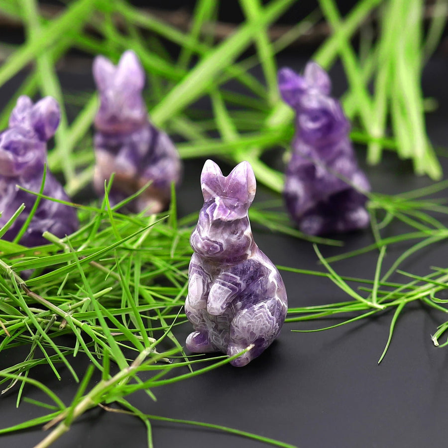 Hand-Carved Natural Purple Chevron Amethyst Bunny Rabbit Figurine Crystal Miniature