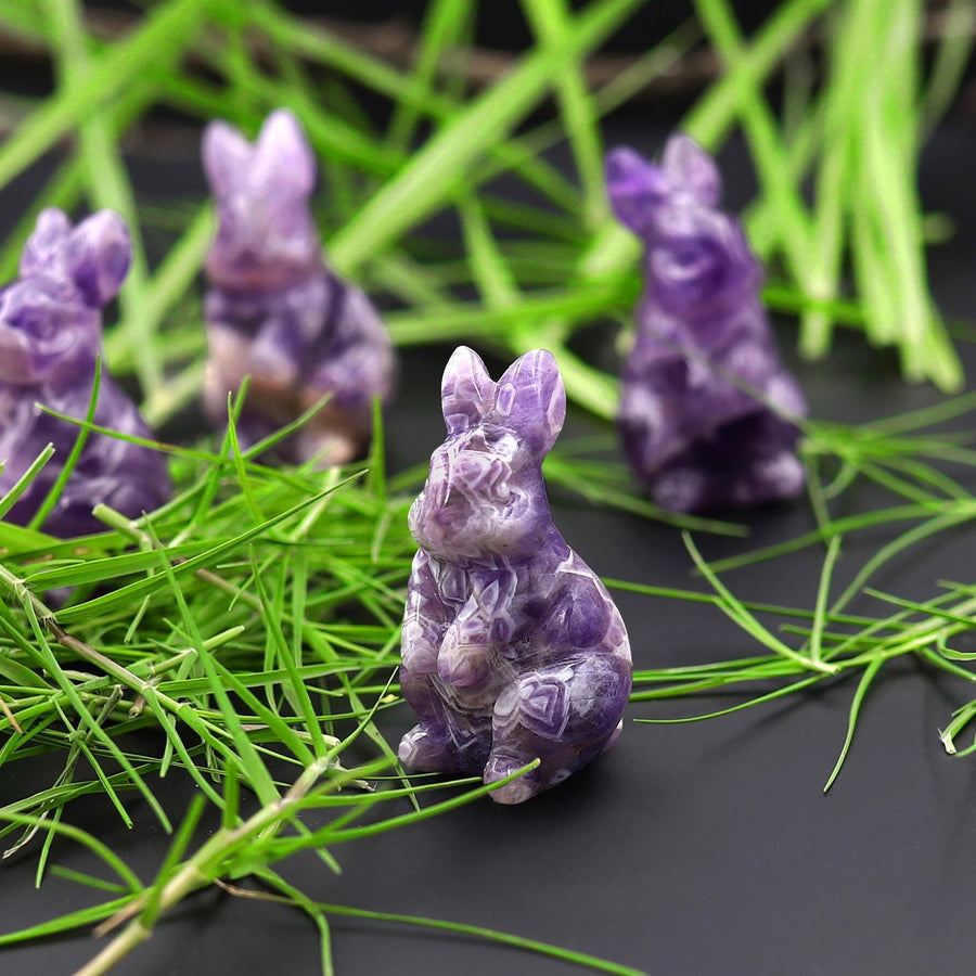 Hand-Carved Natural Purple Chevron Amethyst Bunny Rabbit Figurine Crystal Miniature