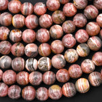 Natural Banded Pink Rhodochrosite Beads Round 6mm 7mm 8mm W/ Black Gray Iron Matrix 15.5" Strand