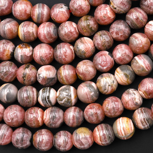 Natural Banded Pink Rhodochrosite Beads Round 6mm 7mm 8mm W/ Black Gray Iron Matrix 15.5" Strand