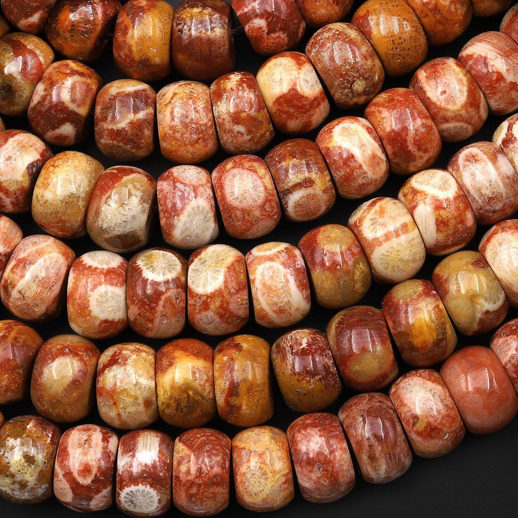 AAA Natural Fossil Coral Smooth Rondelle Beads 12mm Vibrant Golden Orange Red 15.5"