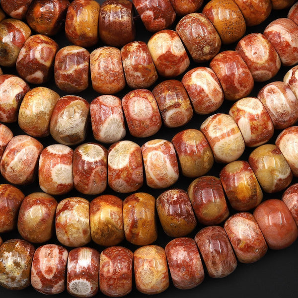 AAA Natural Fossil Coral Smooth Rondelle Beads 12mm Vibrant Golden Orange Red 15.5"
