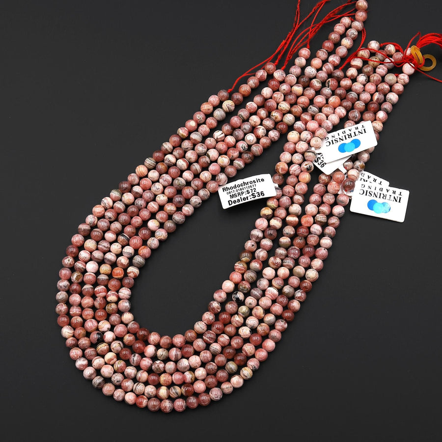 Natural Pink Rhodochrosite 5mm 6mm Smooth Round Beads 15.5" Strand