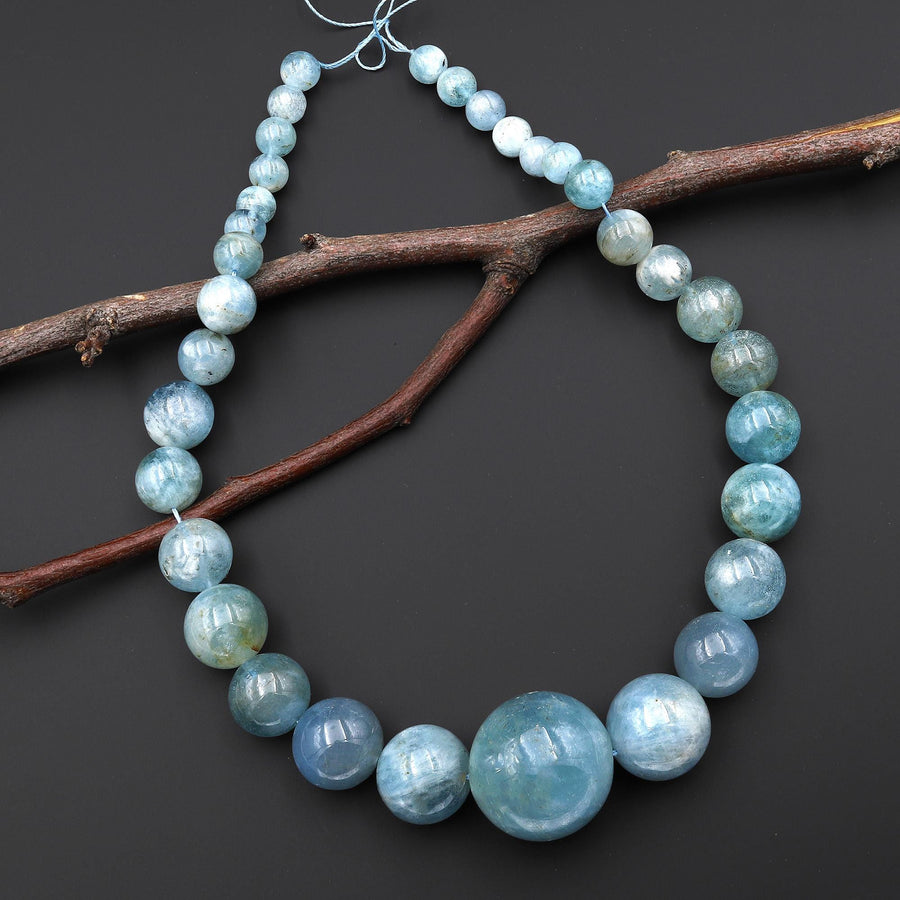 Graduated Large Translucent Natural Blue Aquamarine Smooth Round 10mm 30mm Beads Gemstone 18" Strand
