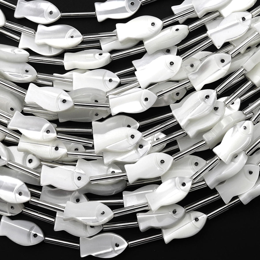 AAA Iridescent Carved Natural White Mother of Pearl Fish Beads Strand
