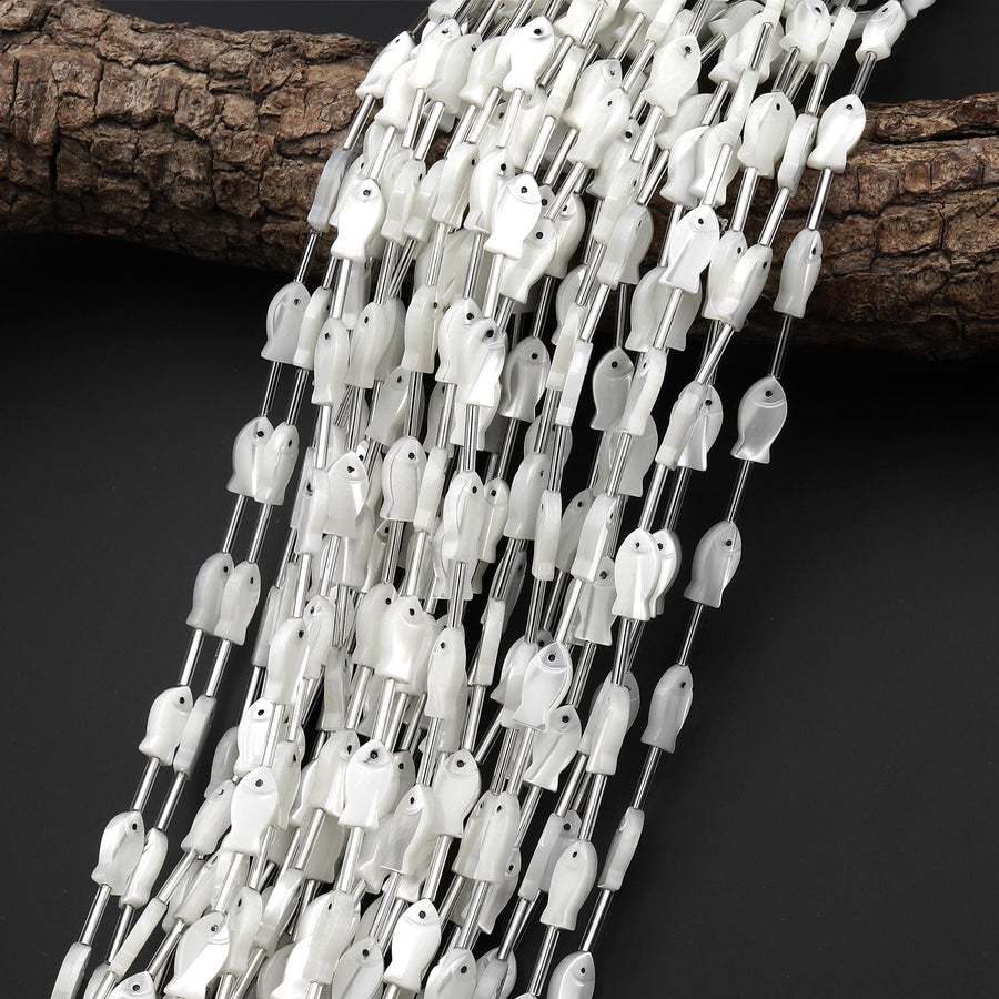 AAA Iridescent Carved Natural White Mother of Pearl Fish Beads Strand