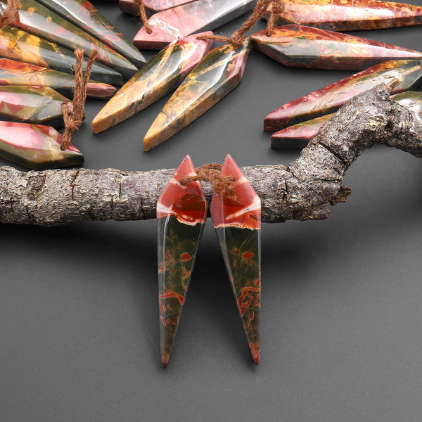 Natural Red Creek Jasper Earring Pair Drilled Modern Tapered Spike Dagger Spearhead Shaped Matched Gemstone Beads A1