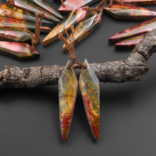 Natural Red Creek Jasper Earring Pair Drilled Modern Tapered Spike Dagger Spearhead Shaped Matched Gemstone Beads A5