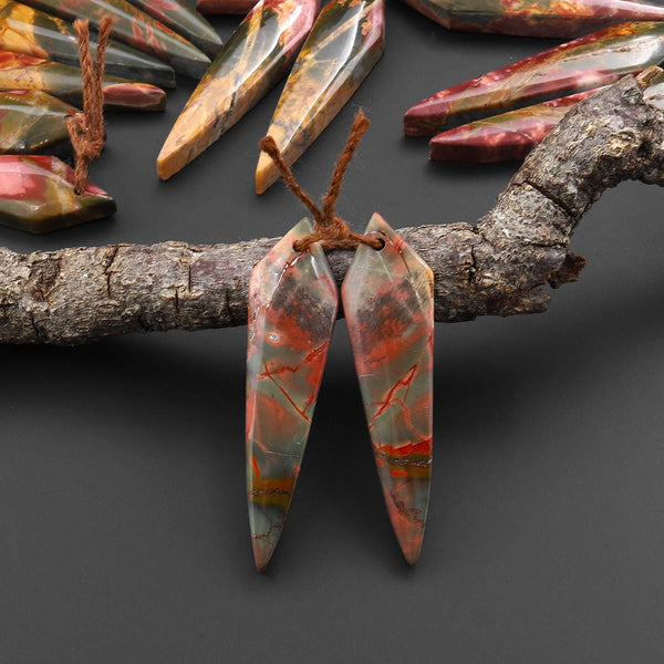 Natural Red Creek Jasper Earring Pair Drilled Modern Tapered Spike Dagger Spearhead Shaped Matched Gemstone Beads A6