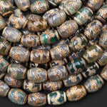 Tibetan Agate Drum Barrel Beads Dzi Green Brown Etched Dragon Antique Boho 15.5" Strand
